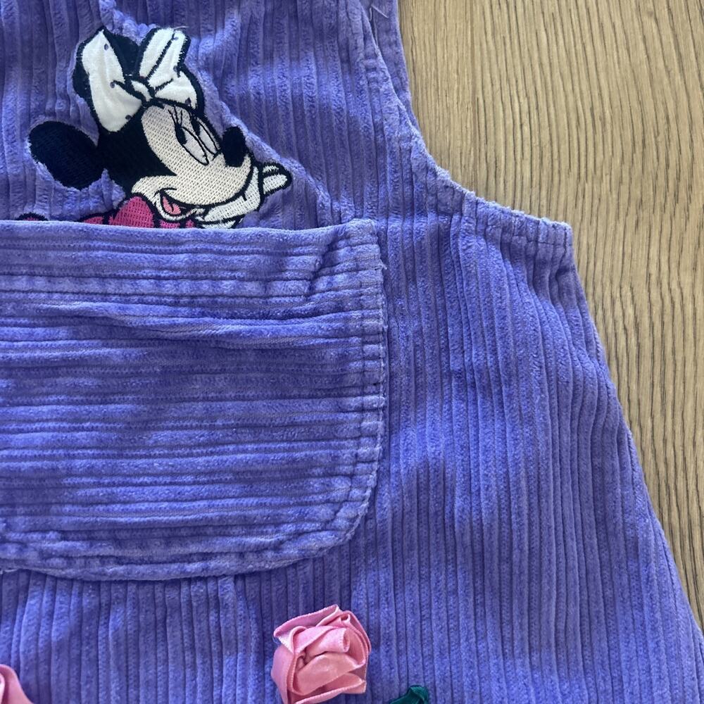 Vintage 3T Minnie Mouse Purple Corduroy Girls Romper Dress Flowers Pocket - Picture 6 of 15